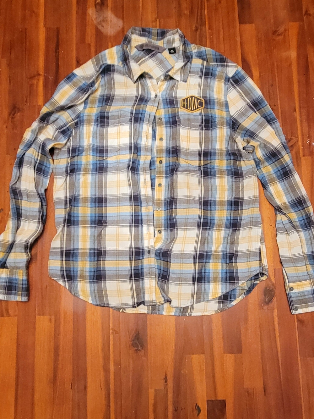 Harley-Davidson Blue Yellow White Plaid Button-Down Shirt Womens Med Small Rip